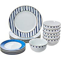 Amazon Basics - Vajilla de 18 piezas- Acento azul- 6 servicios